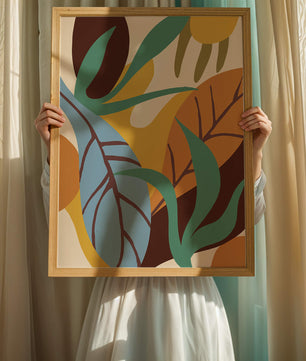 Abstract botanical design with colorful leaves and organic shapes