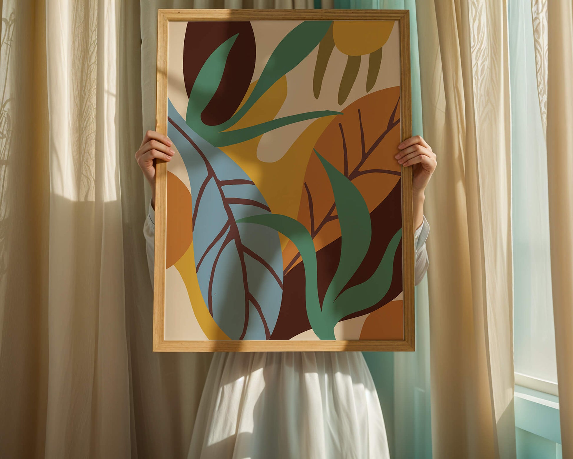 Abstract botanical design with colorful leaves and organic shapes