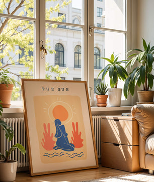 Modern abstract art poster featuring the sun and a serene figure in blue and coral tones - Mi tienda