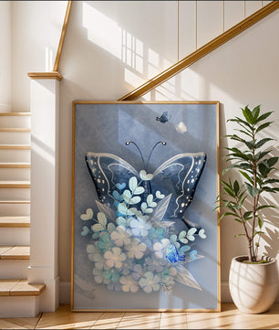 Elegant butterfly with blue floral arrangement artwork