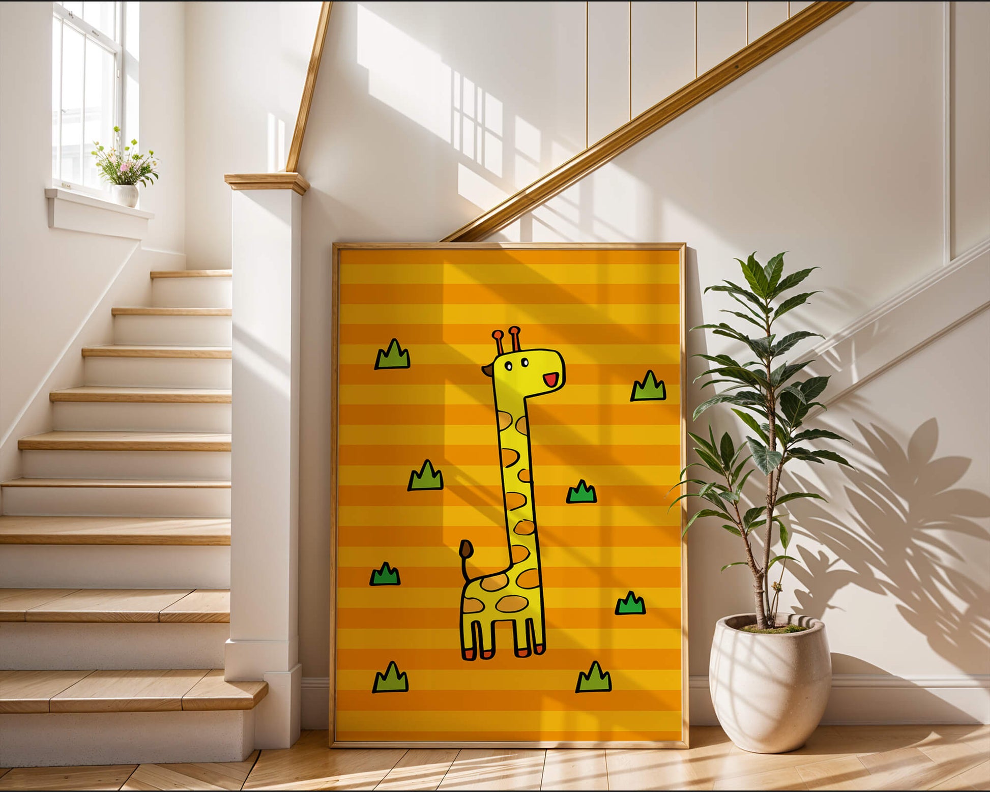 Bright cartoon giraffe illustration on a striped background
