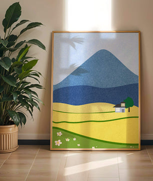 Serene Countryside Landscape with Mountain and Flowers