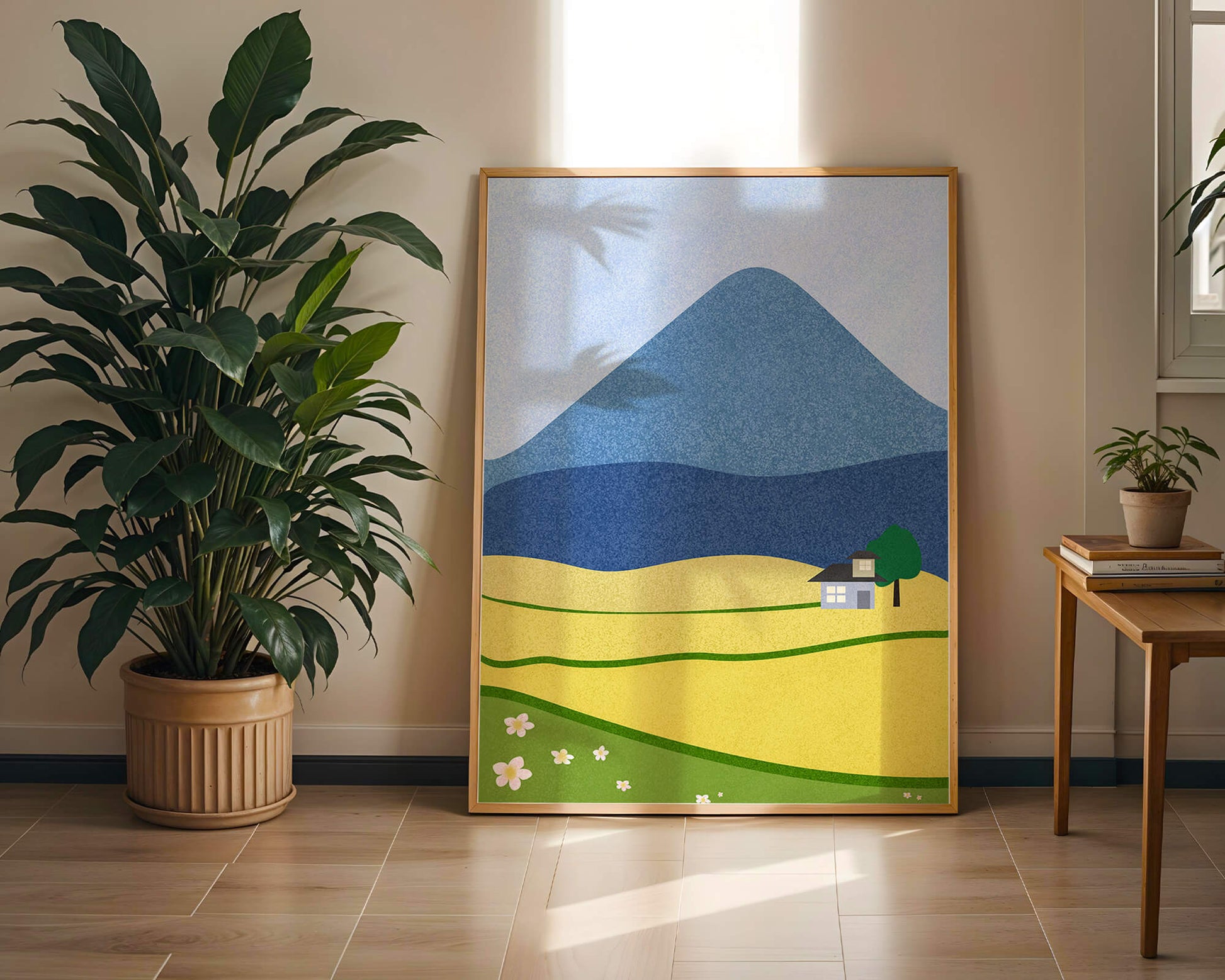 Serene Countryside Landscape with Mountain and Flowers