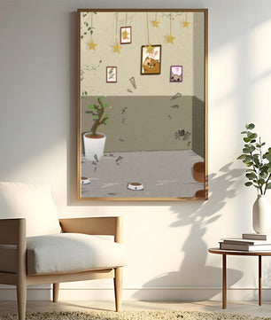 Habitación acogedora con decoraciones de estrellas y obra de arte de gatos