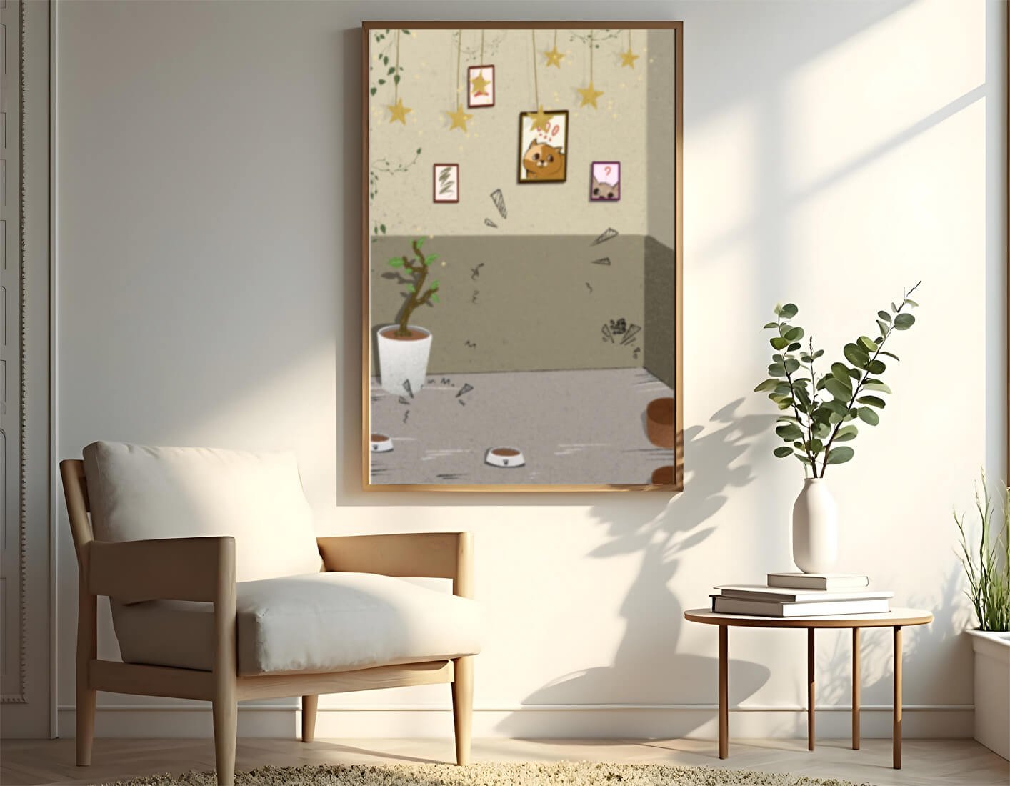 Cozy Room with Star Decorations and Cat Artwork