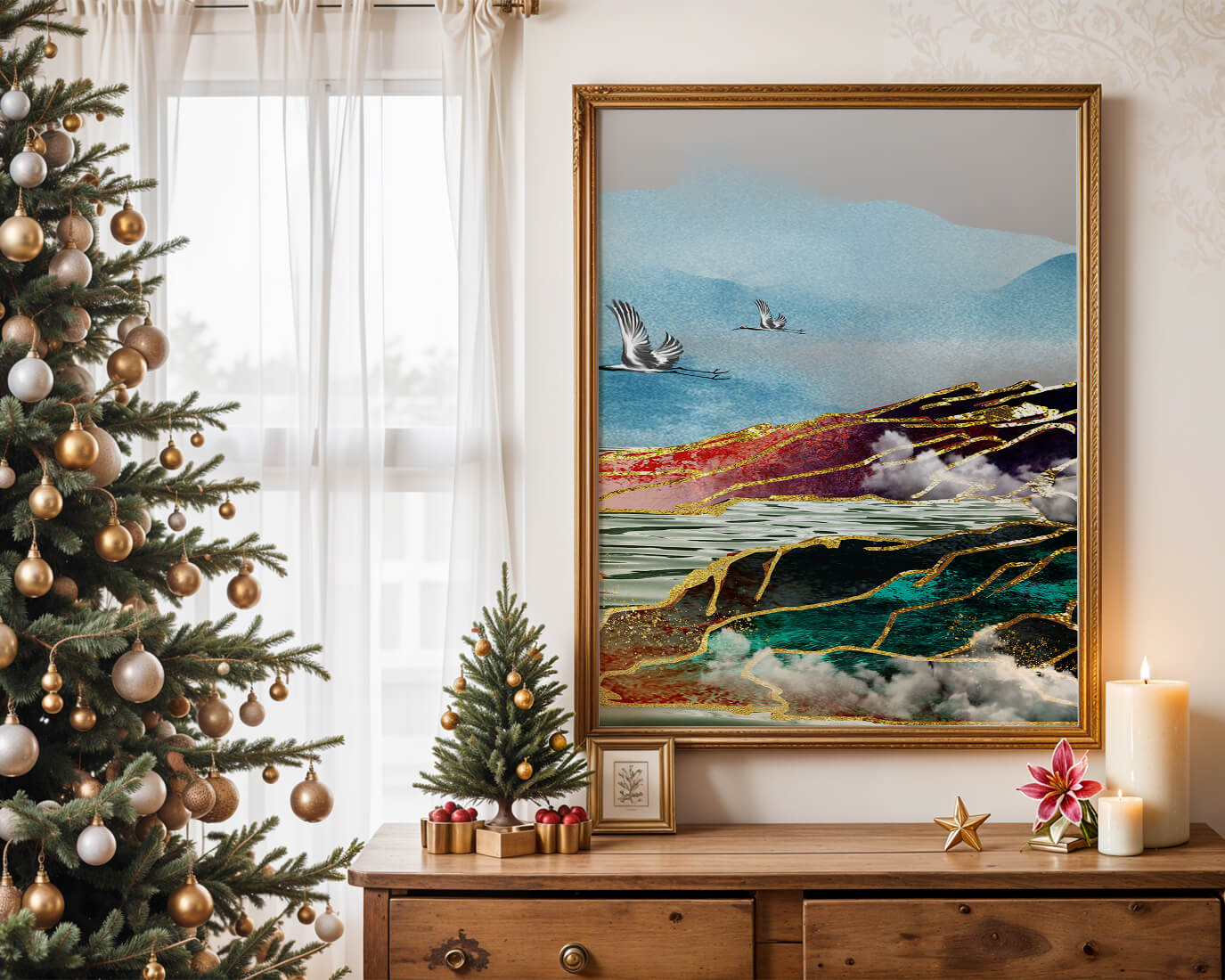 Majestic Landscape With Flying Cranes And Golden Accents