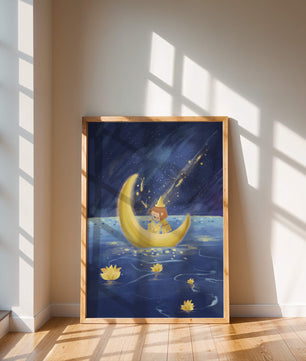 Voyage nocturne magique avec une fille dans un bateau-lune doré