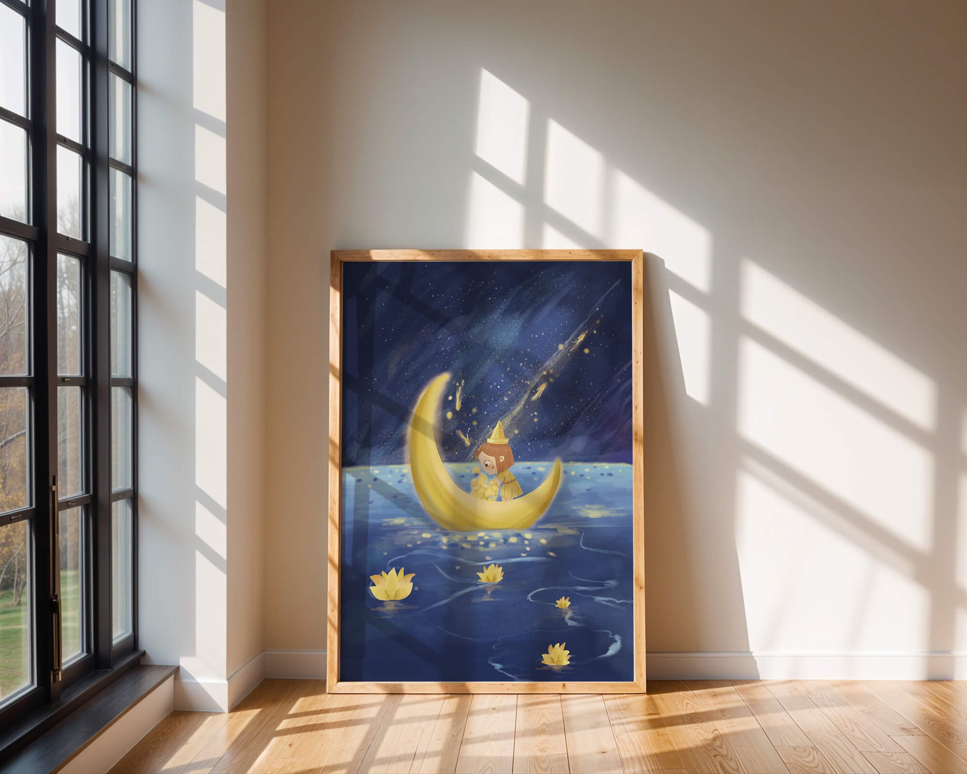 Magical Night Journey with Girl in Golden Moon Boat