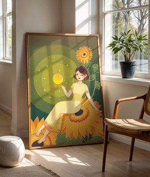 Elegant woman sitting on sunflowers in a celestial scene
