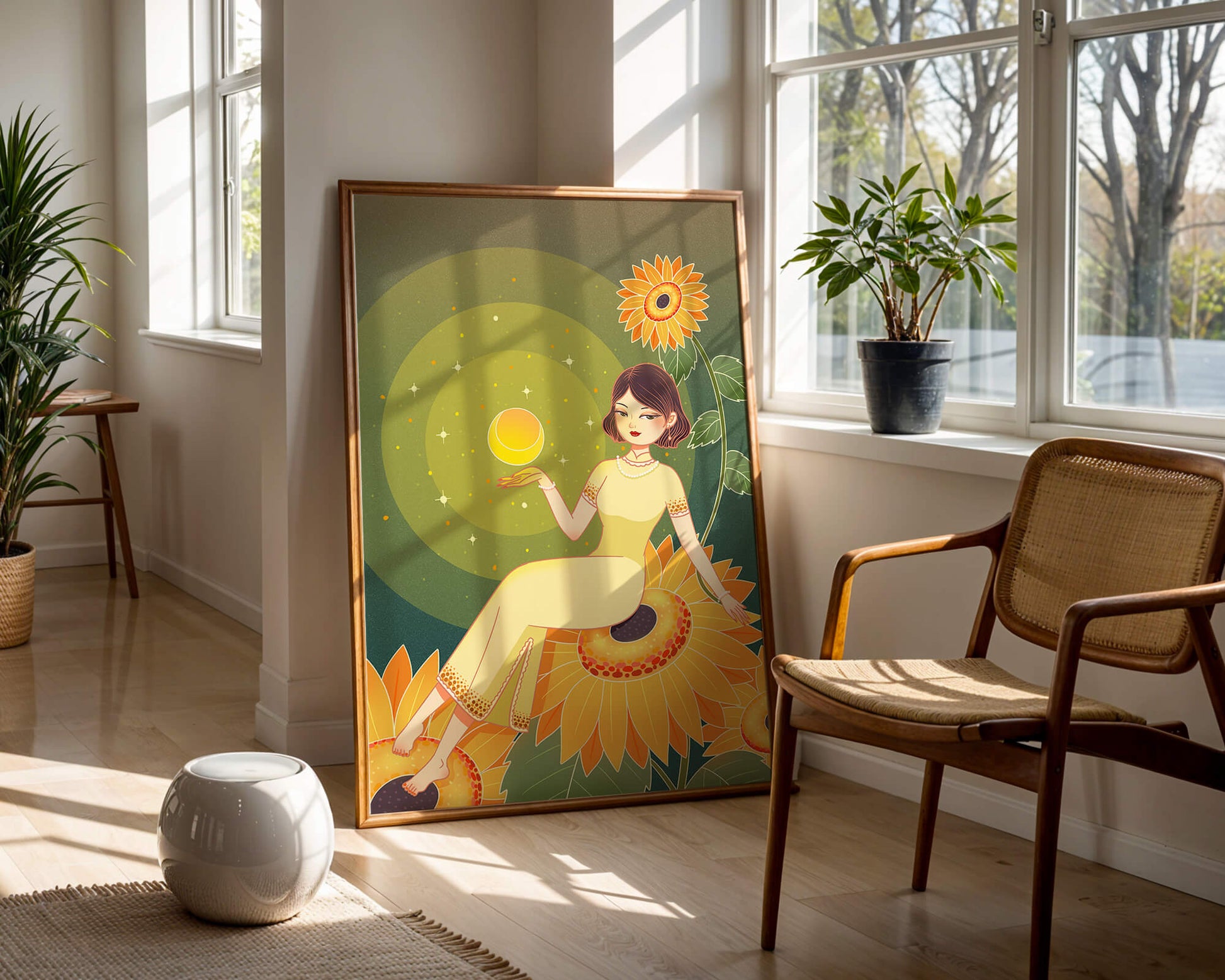 Elegant woman sitting on sunflowers in a celestial scene