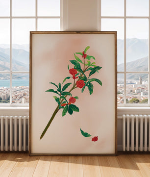Ilustración detallada de una rama floreciente con flores rojas vivas y hojas verdes exuberantes
