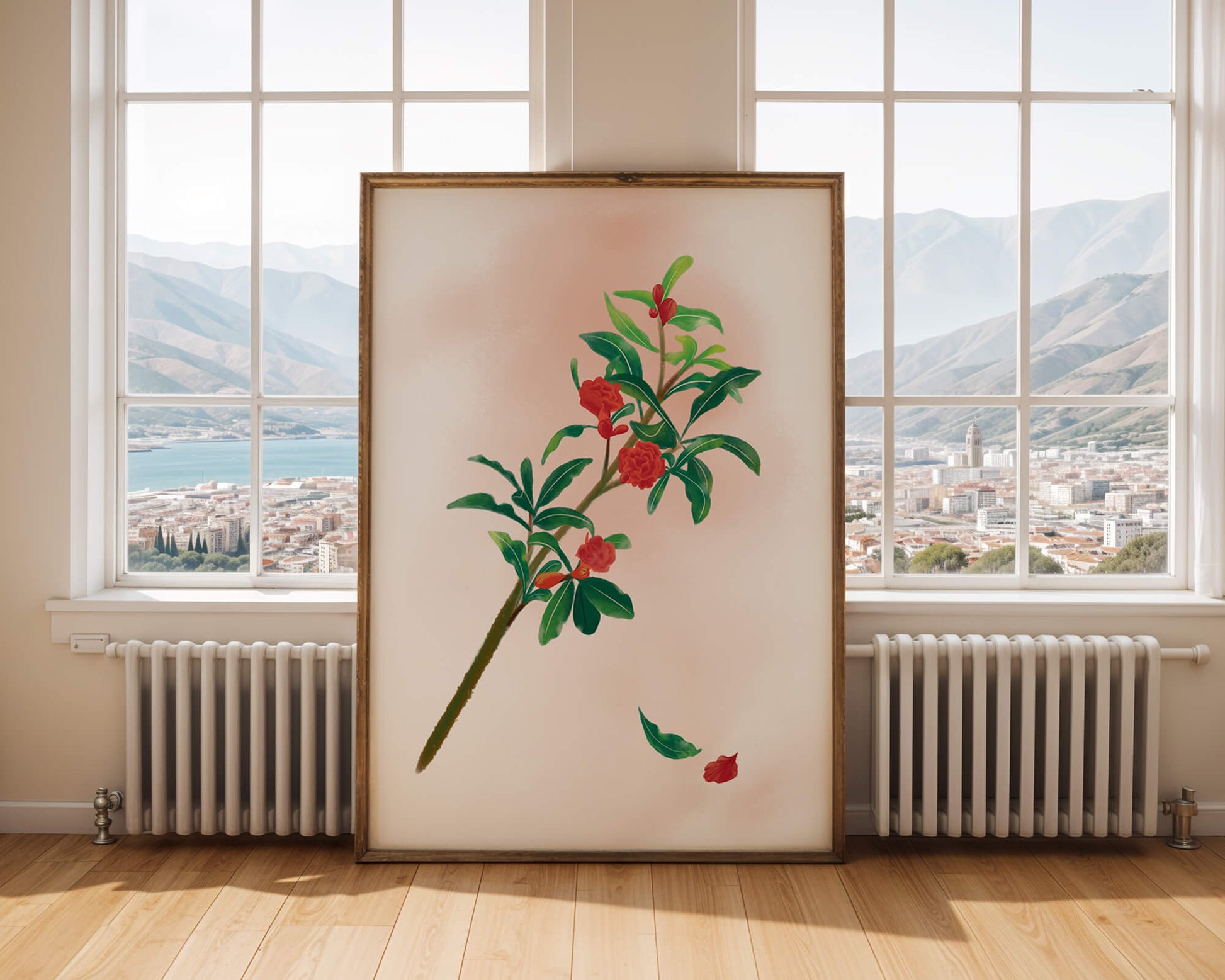 Detailed illustration of a flowering branch with vivid red blooms and lush green leaves