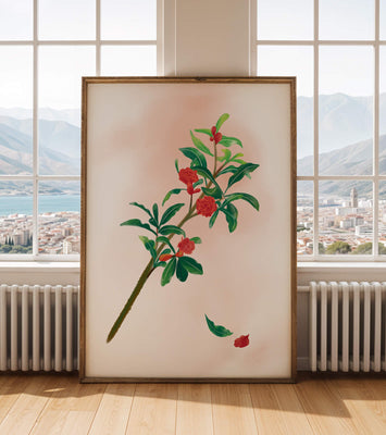 Detailed illustration of a flowering branch with vivid red blooms and lush green leaves