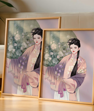 Elegant Asian Woman in Traditional Attire with Floral Background - Mi tienda