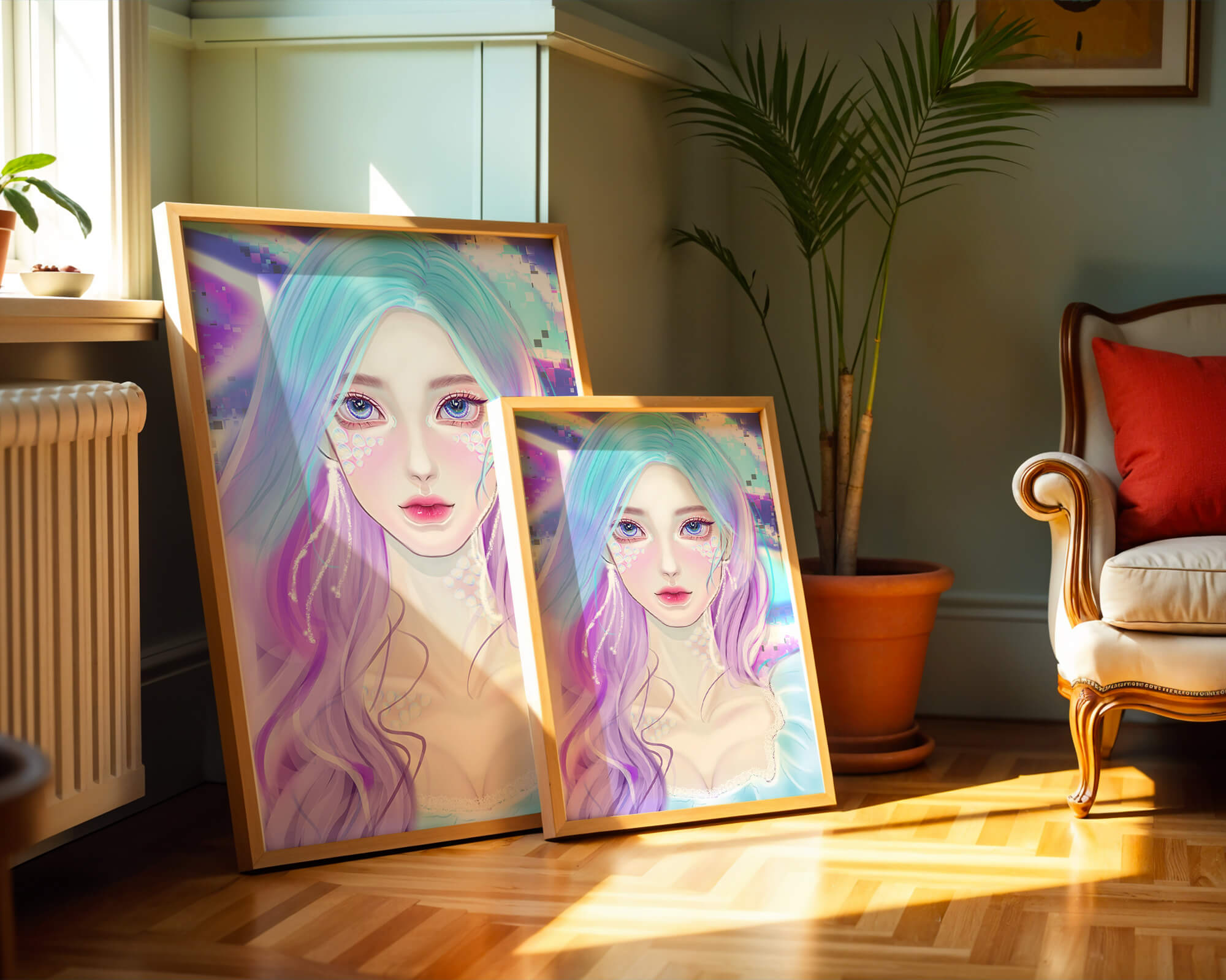 Fantasy portrait of a woman with pastel hair and vibrant features