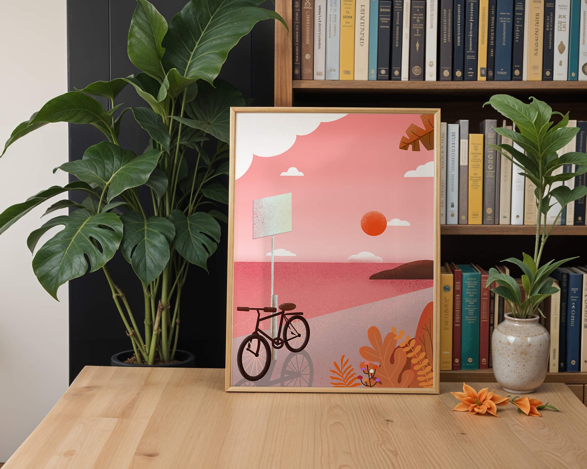Serene sunset with bicycle by the sea in pastel colors