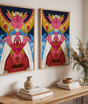 Surreal illustration of a mystical creature with golden horns and vibrant elements