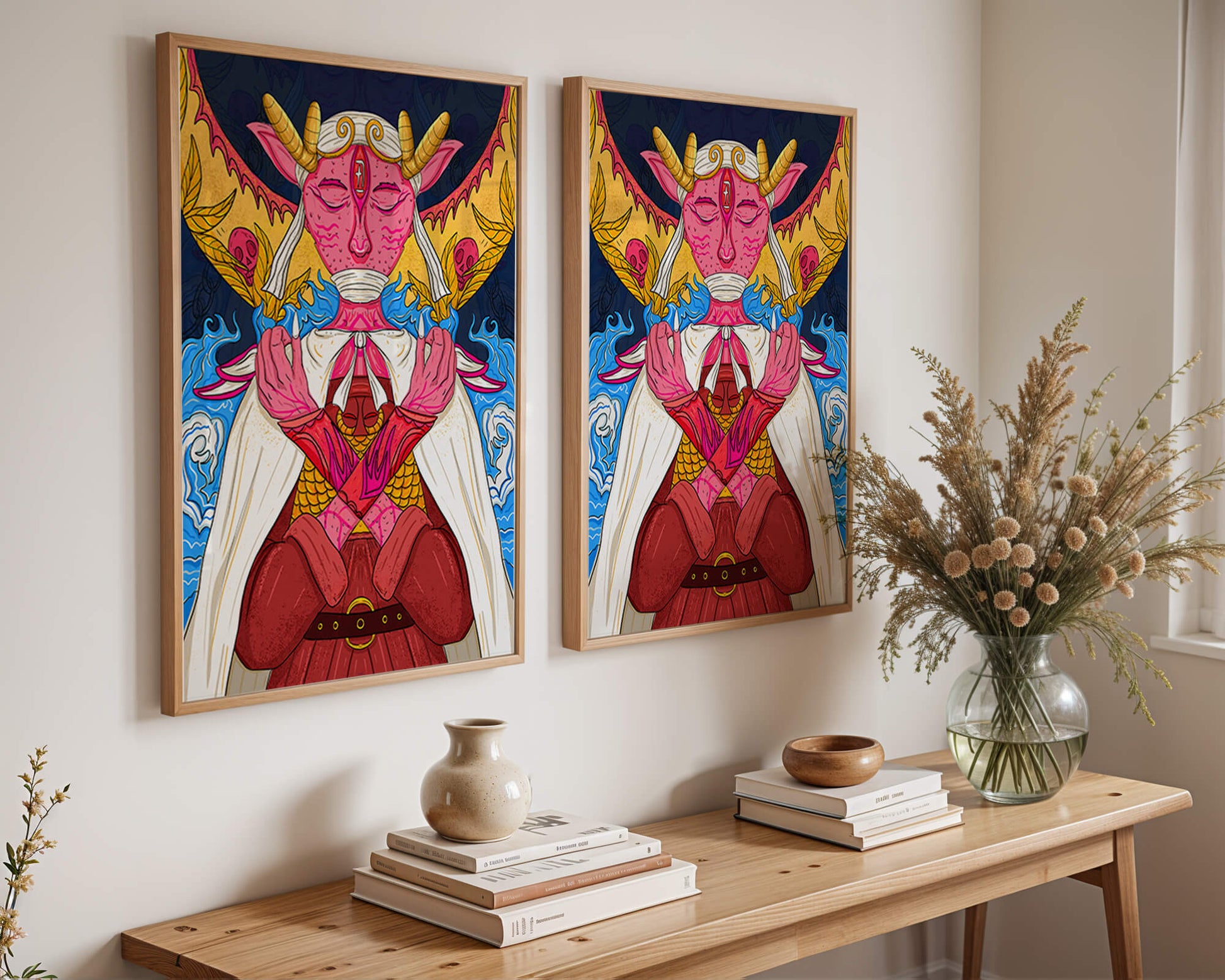 Surreal illustration of a mystical creature with golden horns and vibrant elements
