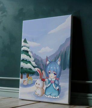Winter scene with cute chibi character and bunny in snowy landscape