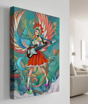 Fusión colorida de arte tradicional y moderno con un músico como protagonista