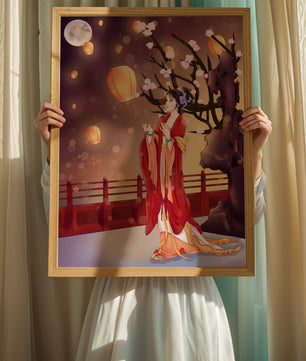Traditional lantern festival under moonlit sky with cherry blossoms and red bridge