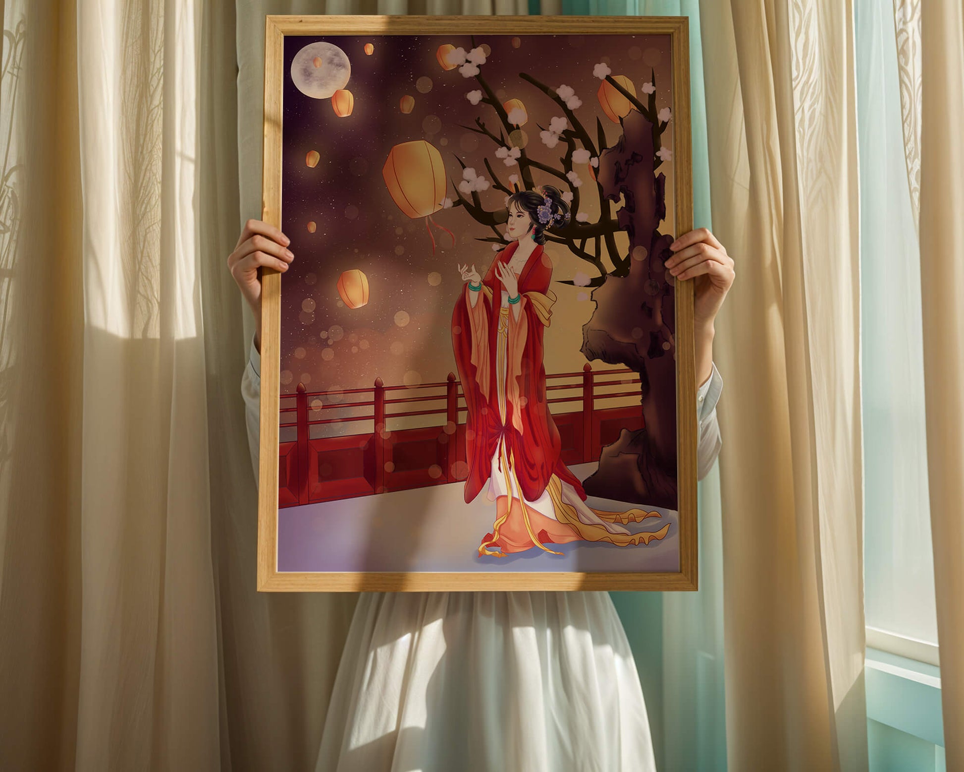 Traditional lantern festival under moonlit sky with cherry blossoms and red bridge