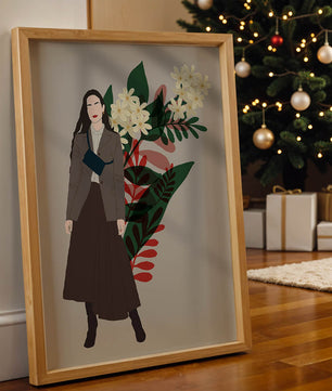 Elegant woman illustration with floral background in earthy tones