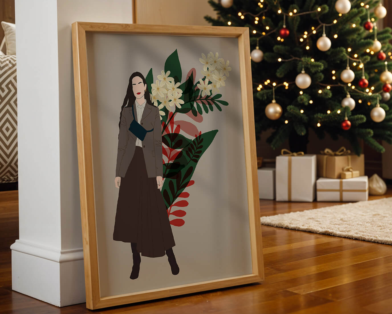 Elegant woman illustration with floral background in earthy tones