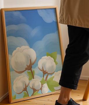 Künstlerische Illustration von Baumwollpflanzen vor einem klaren blauen Himmel