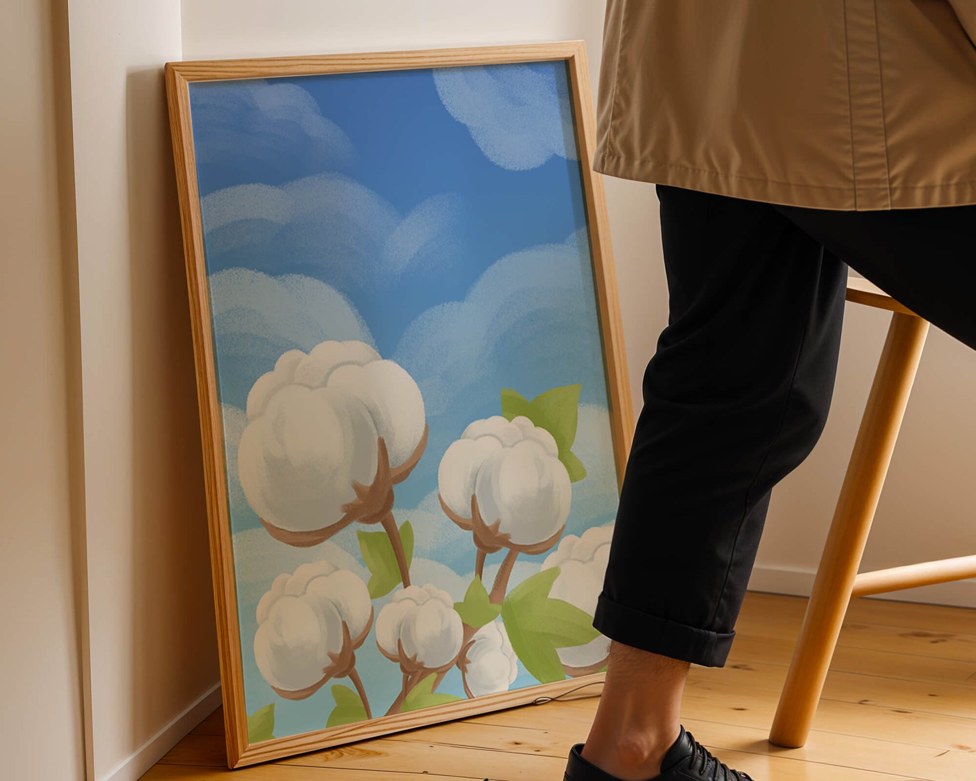 Künstlerische Illustration von Baumwollpflanzen vor einem klaren blauen Himmel