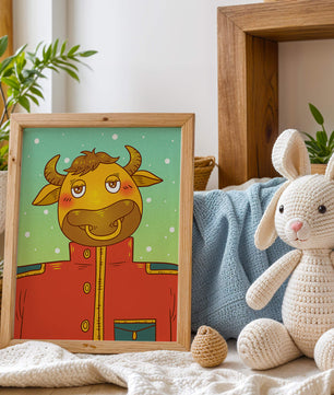 Cartoon cow character in a red coat against a snowy background