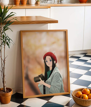 Chica de anime con boina roja sosteniendo una cámara durante el otoño