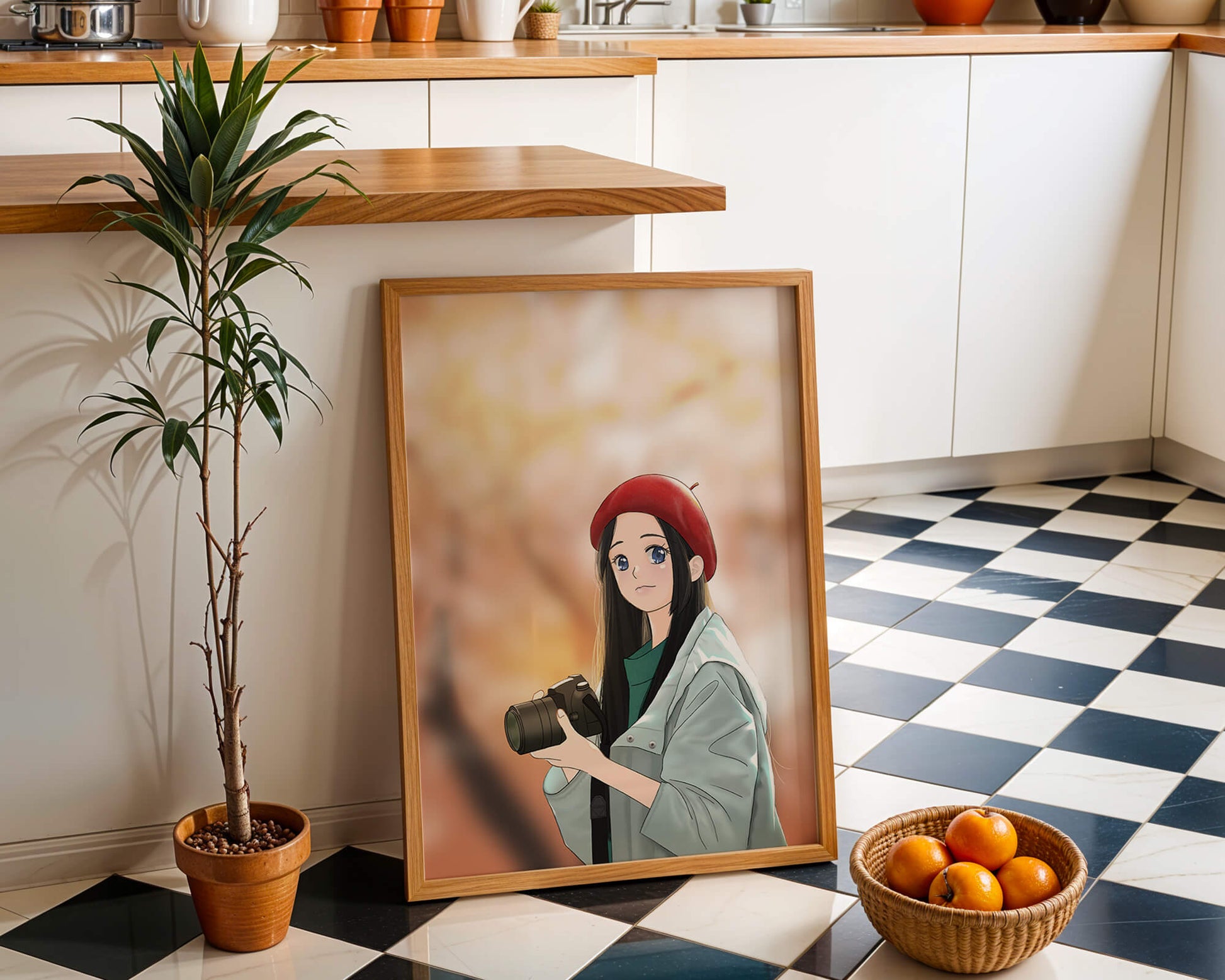 Anime girl in red beret holding camera during autumn