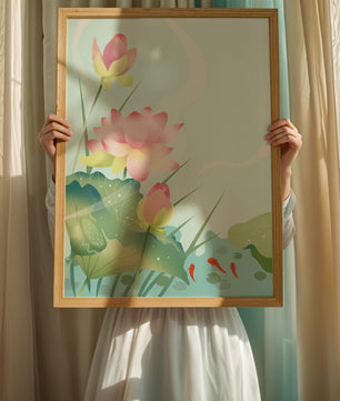 Loteo de flores de loto ilustrativas con hojas y peces koi en un estanque sereno