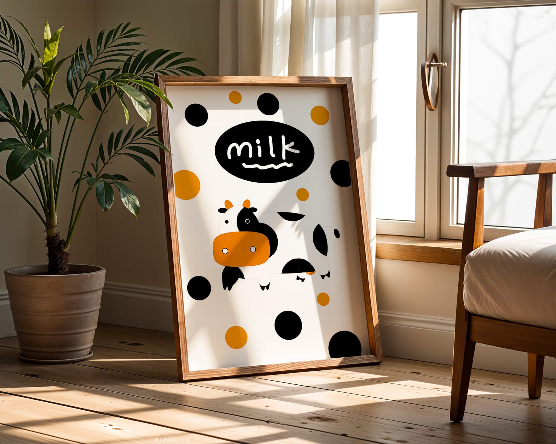 Illustrated cow with modern design and abstract elements