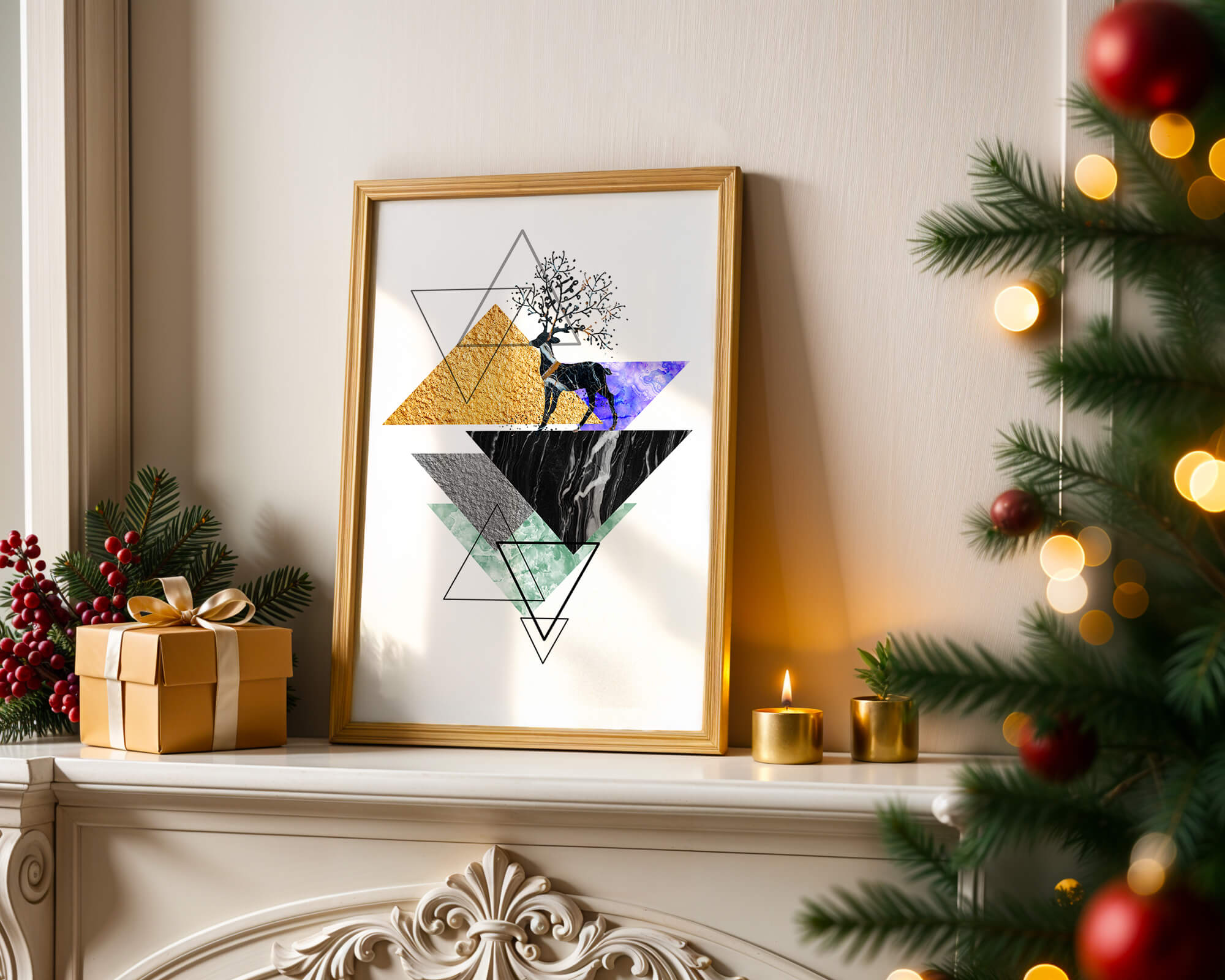 Abstract geometric art with gold and deer silhouette