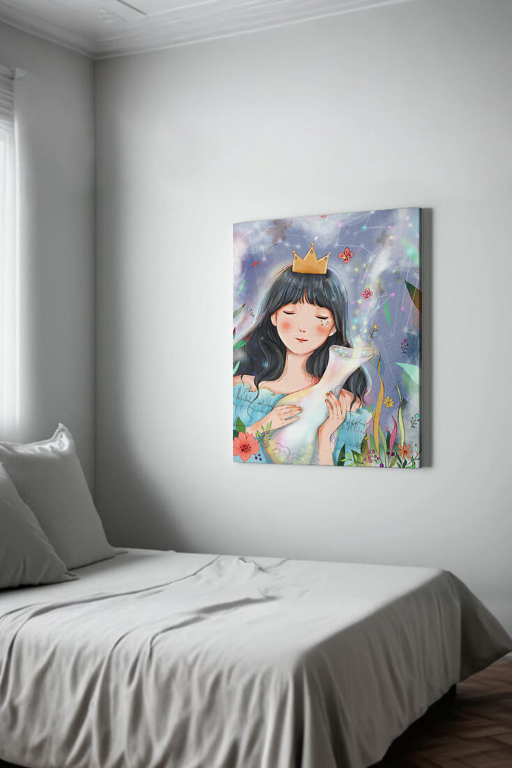 Retrato encantador de una chica con corona en un jardín mágico