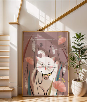 Ilustración de un gato maneki-neko en un entorno de jardín floral