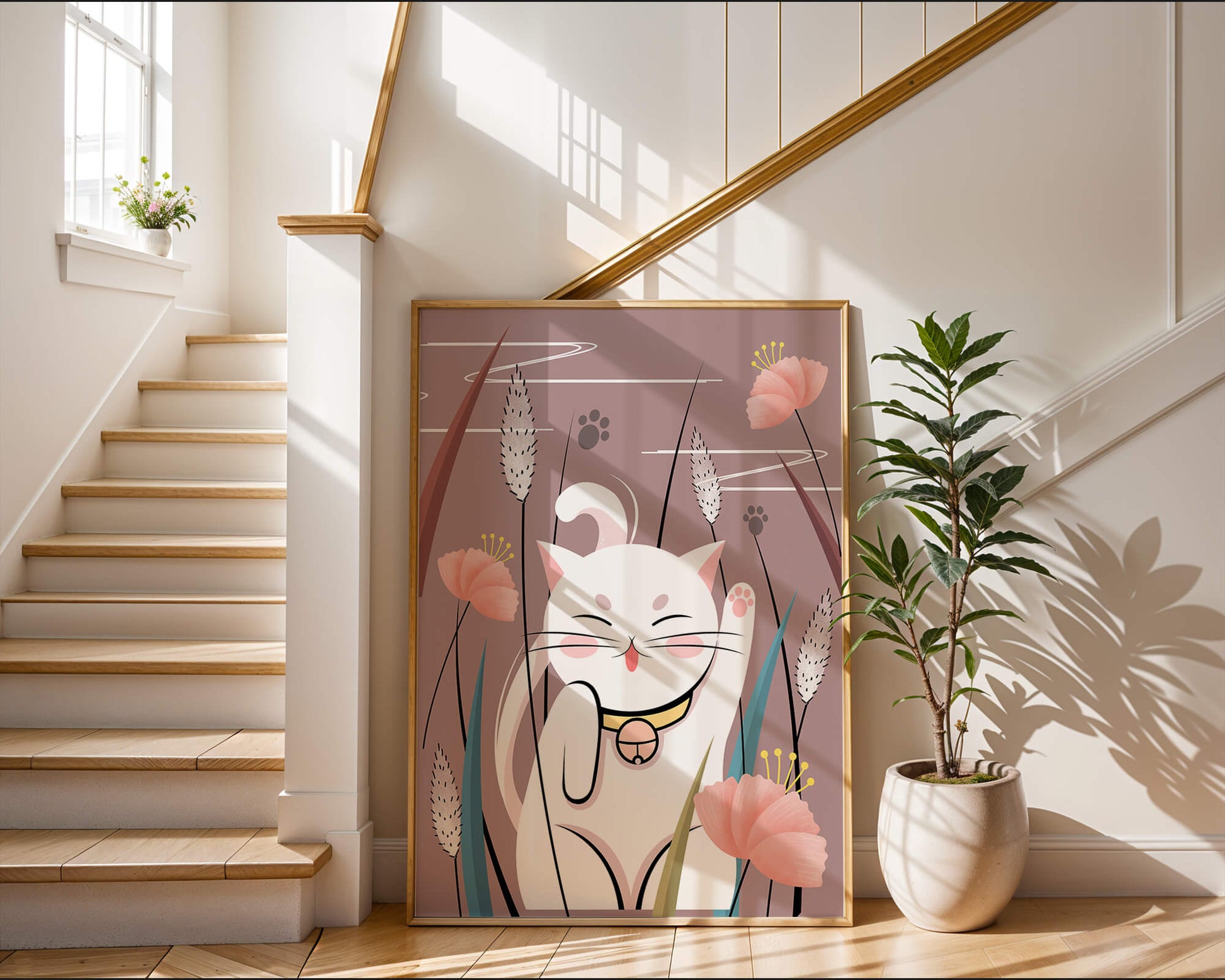 Illustration of a maneki-neko cat in a floral garden setting