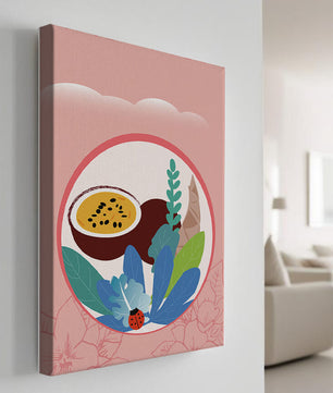 Ilustración de frutas tropicales y hojas con una mariquita sobre un fondo rosa