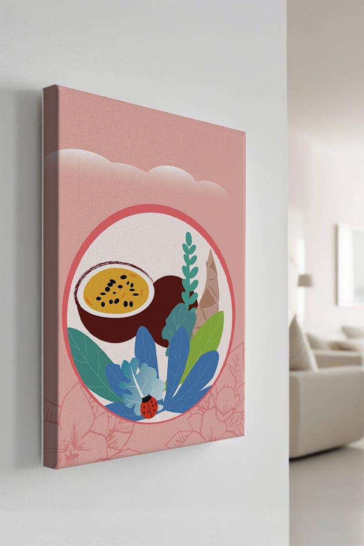 Ilustración de frutas tropicales y hojas con una mariquita sobre un fondo rosa