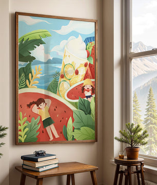 Paysage estival coloré avec des fruits tropicaux et des enfants qui se détendent