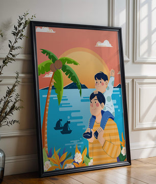 Un père et son fils profitent d’un coucher de soleil tropical avec des palmiers et des bateaux.