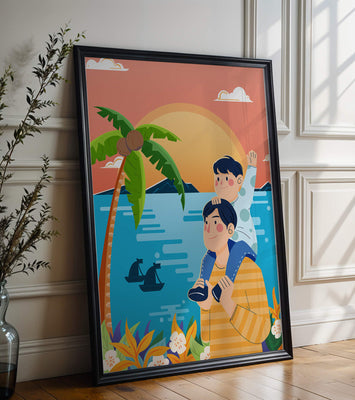Father and son enjoying a tropical sunset with palm trees and boats