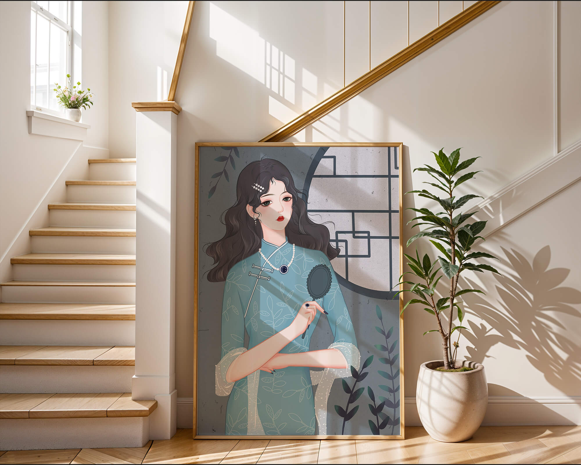 Elegant woman in traditional blue dress with intricate patterns