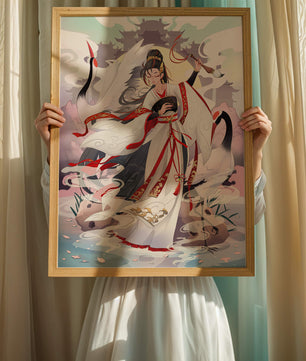 Elegant Asian Artistry with a Crane and Traditional Attire