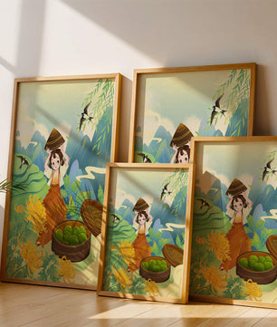 Young girl with basket in vibrant mountain landscape with birds and flowers