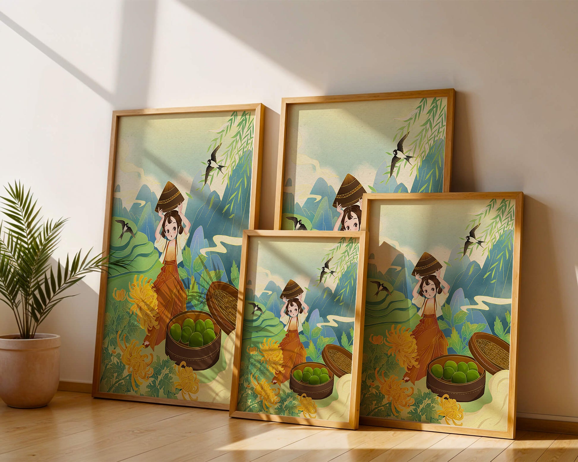Young girl with basket in vibrant mountain landscape with birds and flowers