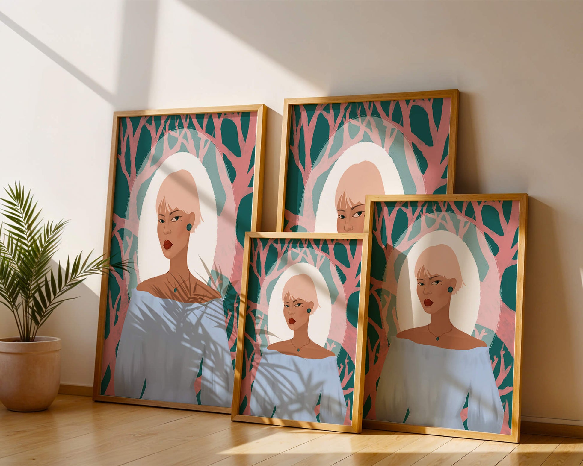 Illustration einer Frau mit einem pastellfarbenen Hintergrund aus abstrakten Bäumen