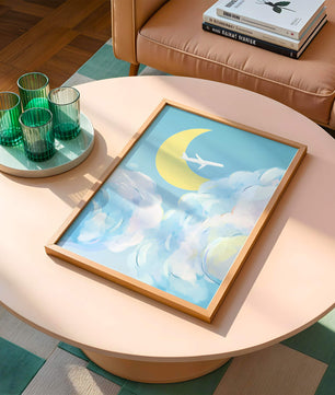Ilustración de cielo panorámico con avión y luna creciente
